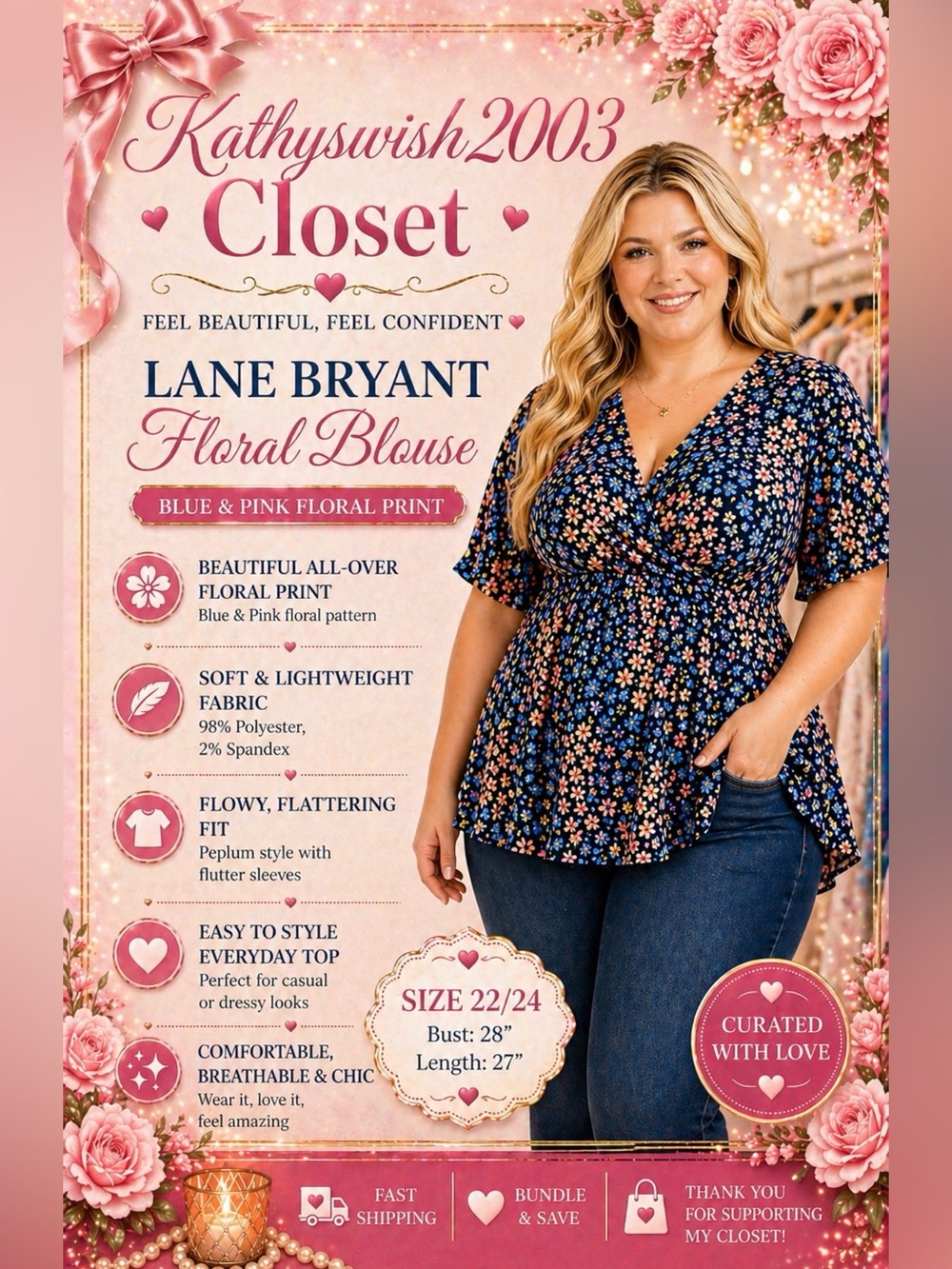 Lane Bryant Blue and Pink Floral Short Sleeve Blouse Size 22/24